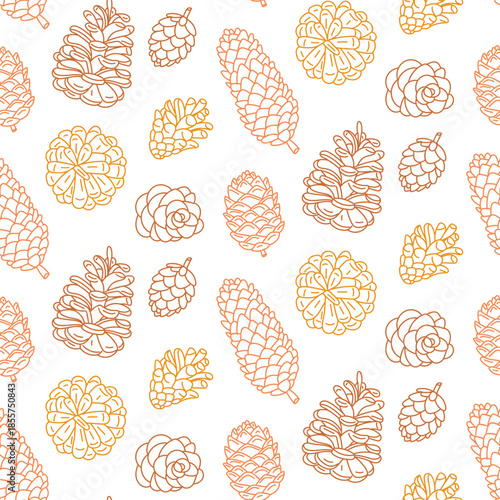 Seamless pattern with bright flat-contoured pine and cedar cones in orange, beige shades. Botanical forest design for autumn wrapping paper, seasonal textile prints or cozy for winter holidays
