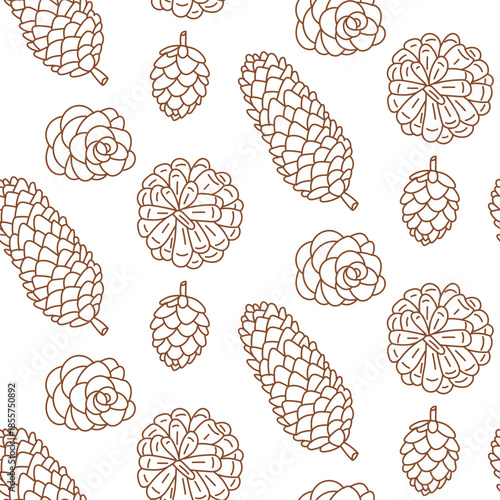 Seamless pattern with bright flat contoured pine and cedar cones in orange, beige shades. Botanical forest design for autumn wrapping paper, seasonal textile prints or cozy for winter holidays