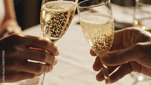 Two people toasting with champagne glasses.