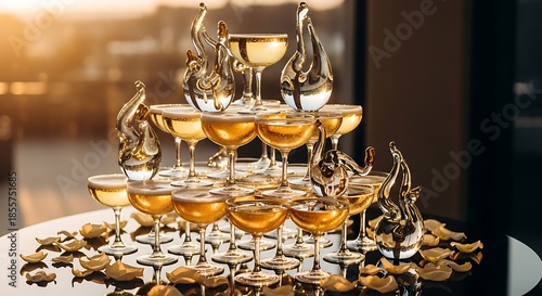 Elegant pyramid of champagne glasses ready for a celebratory toast