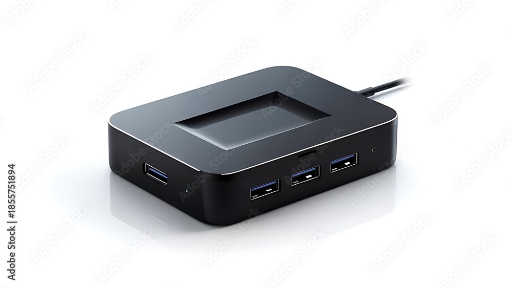 Fototapeta premium Sleek, matte black, rectangular device with USB ports and a central recessed square, connected by a cable