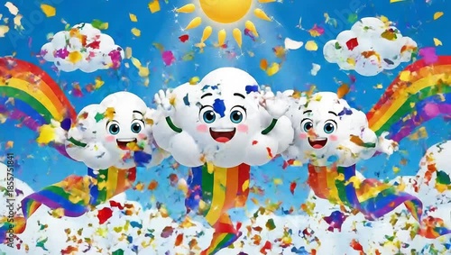 Happy cartoon clouds with rainbows and sun in a blue sky.