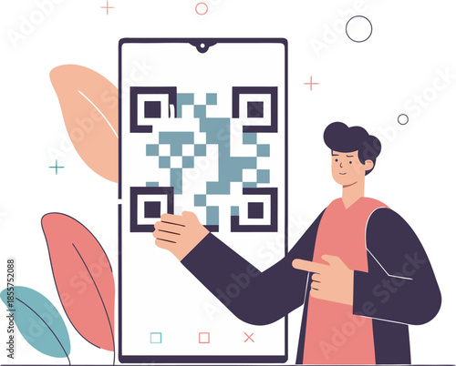 Man scanning QR code on smartphone screen flat vector illustration