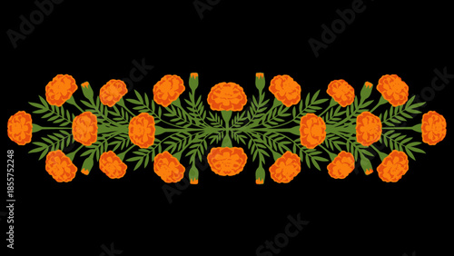 Symmetrical arrangement of vibrant orange marigold flowers on a black