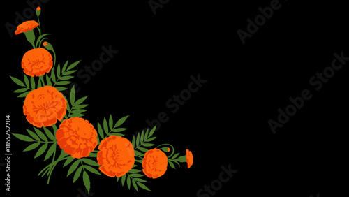 Stylized orange marigold flowers with green leaves on a black background for
