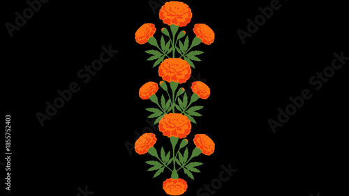 Symmetrical Arrangement of Bright Orange Marigold Flowers with Green Leaves on