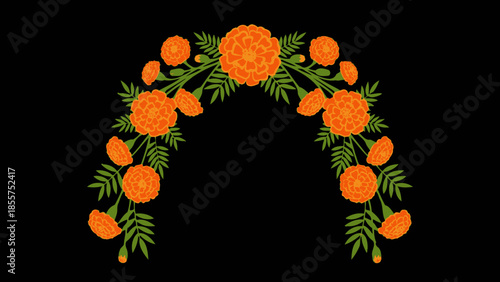 Elegant autumn floral arch design with vibrant orange marigolds and green
