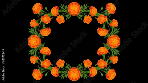 Vibrant floral frame composed of bright orange marigolds with lush green foliage