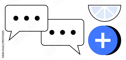 Communication concept. Chat bubbles interaction, collaboration, and ideas. Communication and sharing ideas with symbols thumbs up plus sign and segmented lemon. For media, teamwork, design, social