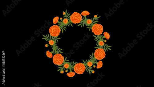 Elegant floral wreath composed of vibrant orange roses and green leaves on a