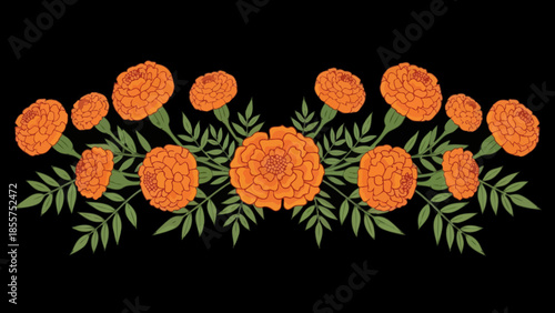 Elegant orange marigold flower arrangement with lush green foliage on black