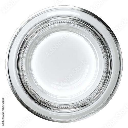 Elegant silver plate round plate with ornate border isolated on transparent background