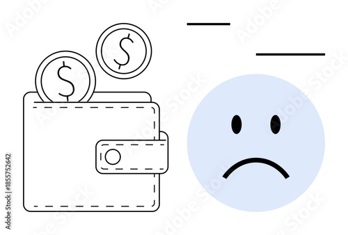 Financial loss concept. A wallet with coins and a sad face highlights financial struggles and economic challenges. Financial loss impacts budgeting, savings, and money management. Perfect