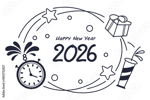 Happy New Year 2026 celebration with clock striking midnight
