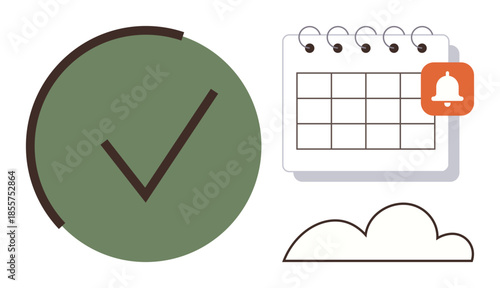 Checkmark symbolizes completion, calendar highlights scheduling, bell for reminders, and cloud reflects storage or sharing. Ideal for planning, organization, time management, productivity, deadlines