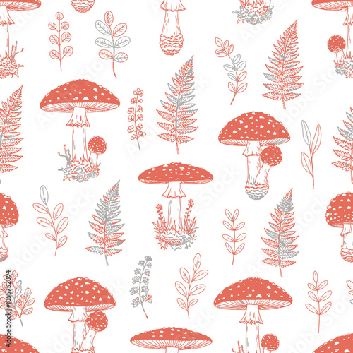 Seamless Pattern With Red Fly Agaric Mushrooms Ferns and Botanical Elements.png