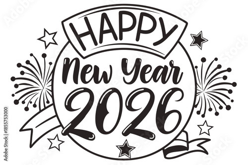 Happy New Year 2026 celebration with fireworks and stars