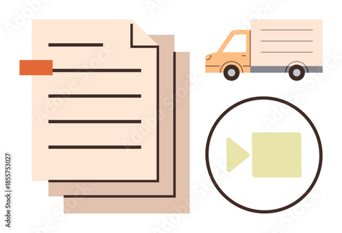 Stacked documents, delivery truck, and video icon signify organization, content distribution, logistics, and media sharing. Ideal for data handling, workflow, communication and simple flat metaphor