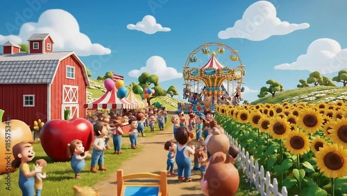 A vibrant animated farm festival with people, pumpkins, and a Ferris wheel under a blue sky.
