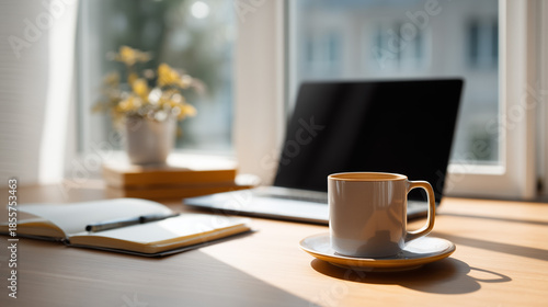 Modern home office desk by window with morning light, laptop coffee and notebook for calm productivity