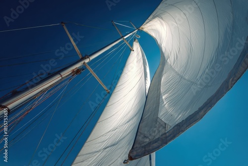 View looking up at a sailing boat's mast with billowing sails and clear blue sky during a sunny day on the water