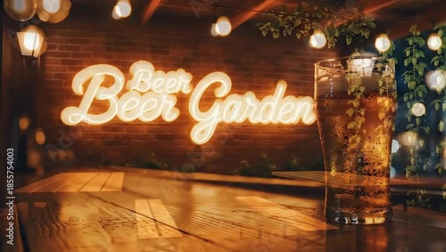 A neon sign for a beer garden illuminates a wooden bar counter with a glass of beer.