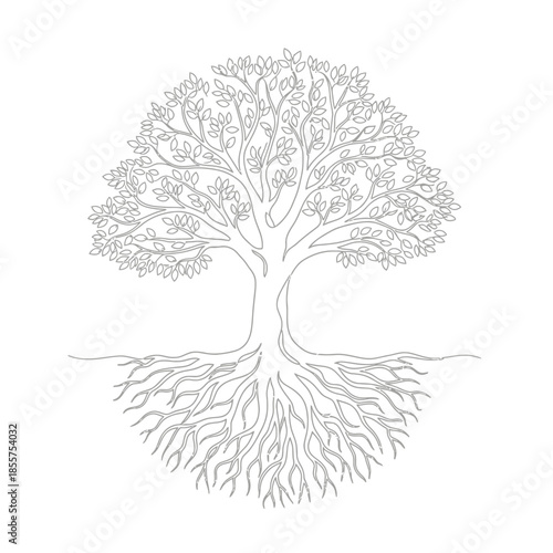 Detailed Line Art Tree of Life With Roots and Leaves Black and White.png
