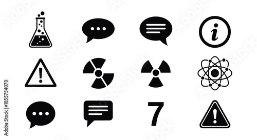 Collection of scientific and warning related black outline icons displayed in a grid