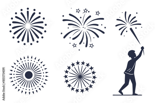 Silhouette of a child playing with fireworks on a white background