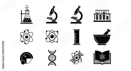 A collection of scientific icons depicting chemistry biology and research tools