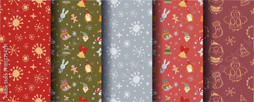 Set of 5 cute cosy seamless Christmas ornaments with festive winter elements. Perfect for holiday backgrounds, wrapping, cards, textiles, packaging, prints and seasonal designs. Vector format.