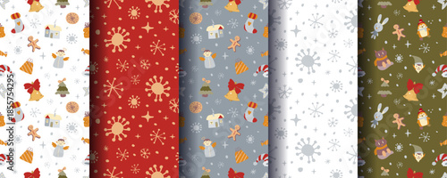 Set of 5 cute cosy seamless Christmas ornaments with festive winter elements. Perfect for holiday backgrounds, wrapping, cards, textiles, packaging, prints and seasonal designs. Vector format.