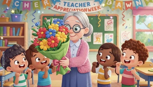 Teacher Appreciation Week - Students Presenting Flowers to Their Teacher.