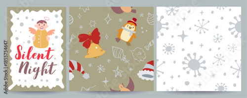 Vector set including 1 Christmas social media greeting card and 2 seamless holiday patterns with doodles. Festive, cozy and versatile for posts, banners, gift wrap, prints, textiles and seasonal desig