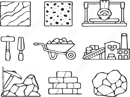 Outline vector icon set illustrating the stone industry, featuring marble textures, granite, quarry tools, cutting machines, wheelbarrow, rocks, bricks, and factory elements. Clean monoline style.