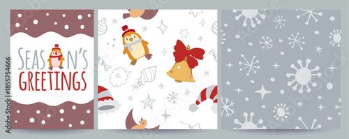 Vector set including 1 Christmas social media greeting card and 2 seamless holiday patterns with doodles. Festive, cozy and versatile for posts, banners, gift wrap, prints, textiles and seasonal desig