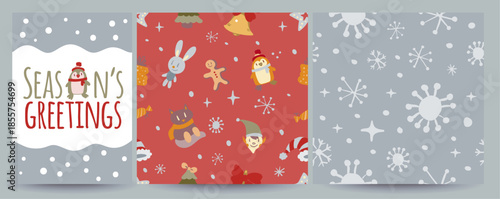 Vector set including 1 Christmas social media greeting card and 2 seamless holiday patterns with doodles. Festive, cozy and versatile for posts, banners, gift wrap, prints, textiles and seasonal desig