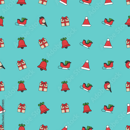 A cheerful, seamless vector pattern featuring festive Christmas elements, bells, Santa hats, gift boxes, sleighs, and a bullfinch on a vibrant teal background, creating a joyful holiday mood.