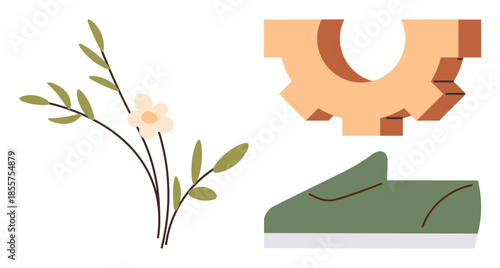 Branch with leaves and flower, orange gear, and green shoe symbolizing eco-friendliness, technology, and movement. Ideal for sustainability, innovation, nature, mechanics fitness growth balance
