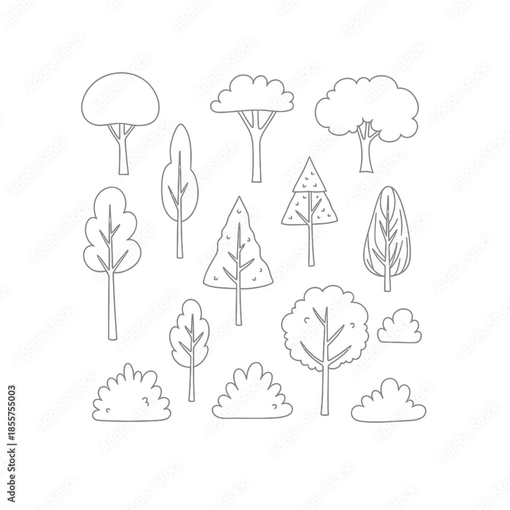 Obraz premium Assorted Tree Bushes Line Art Outline Drawing Black and White Illustration.png
