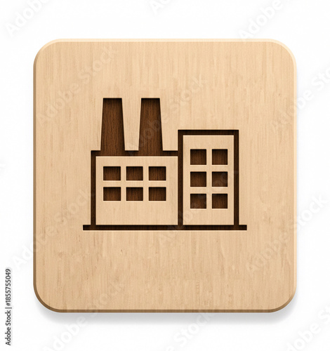 Factory Icon Engraved on a Wooden Block Representing Sustainable Industry and Manufacturing