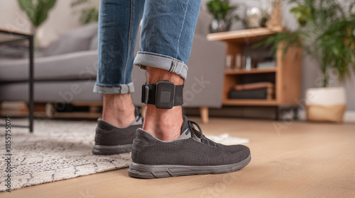 A close-up shot showcases a person indoors with an ankle monitor strapped to their leg, blending into the domestic environment of carpet, wood flooring, and casually styled footwear. © Oleksandr