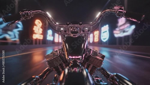 Riding a Motorcycle at Night with Neon Lights.