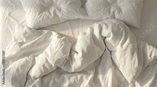 Messy unmade bed with twisted duvet mountain and deep wrinkled cotton sheets. Cold morning light casts sharp shadows on crumpled fabric texture and scattered pillows. High contrast, hyper-realistic