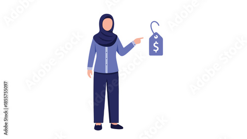 Digital Illustration of a Woman in Hijab Pointing at a Money Bag