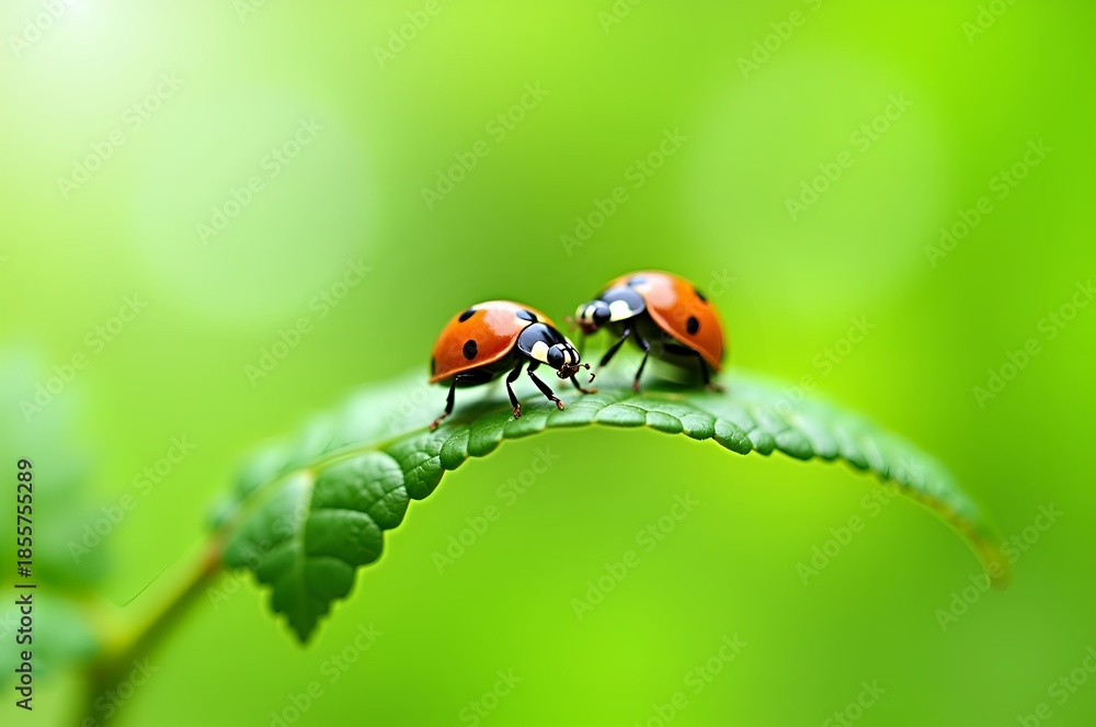 Fototapeta premium Two Ladybugs on a Leafy Branch