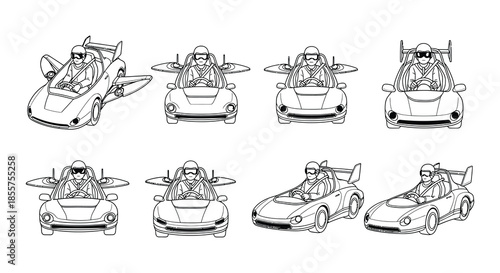 Line art illustration of futuristic speeders pilots and related design elements