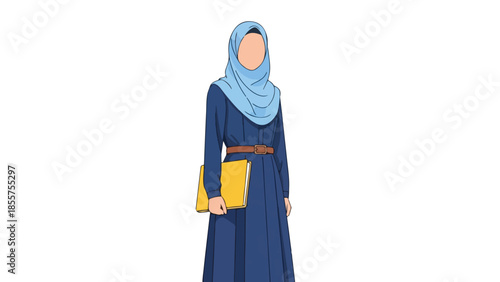 Illustration of a Woman in a Blue Hijab Holding a Yellow Book
