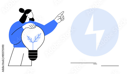 Person holding a lightbulb with plant icon, pointing at energy symbol. Ideal for sustainability, renewable energy, innovation, eco-technology, green solutions, environmental advocacy, simple flat