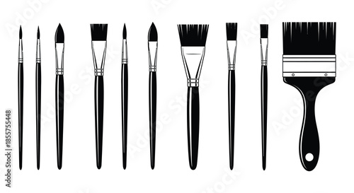 Collection of diverse artistic paintbrushes in a black and white illustration